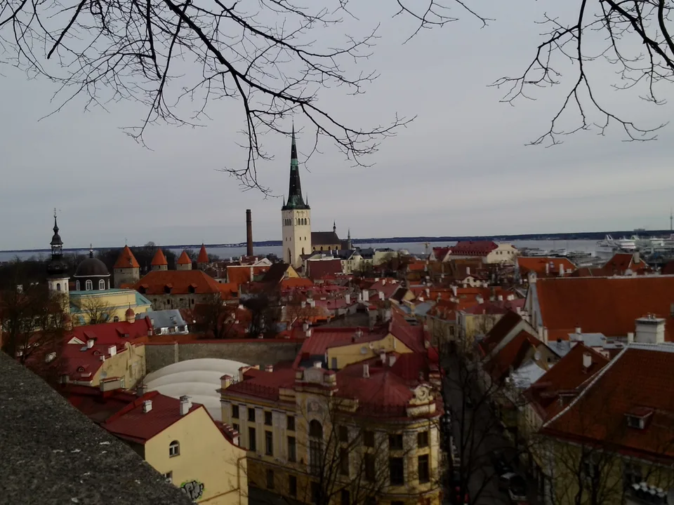 Rooftops and church spires in Tallinn, Estonia, with the sea beyond