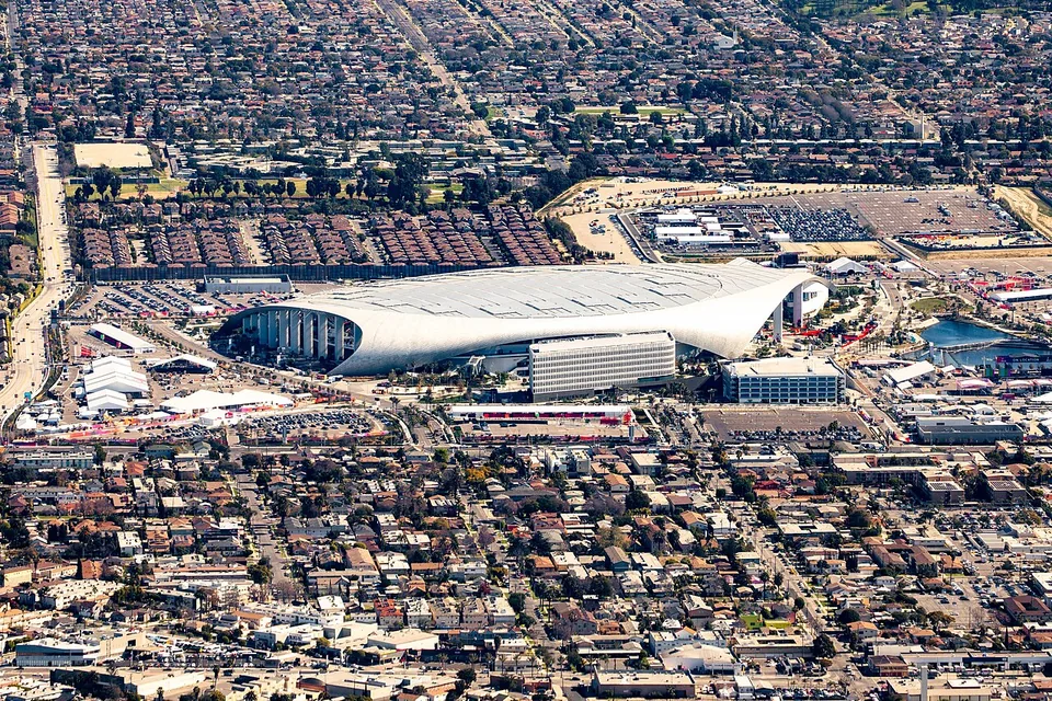 Aerial view of SoFi Stadium and the surrounding Inglewood neighbourhood