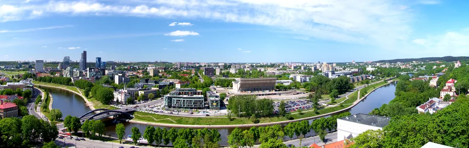The Neris River and skyline of Vilnius, Lithuania