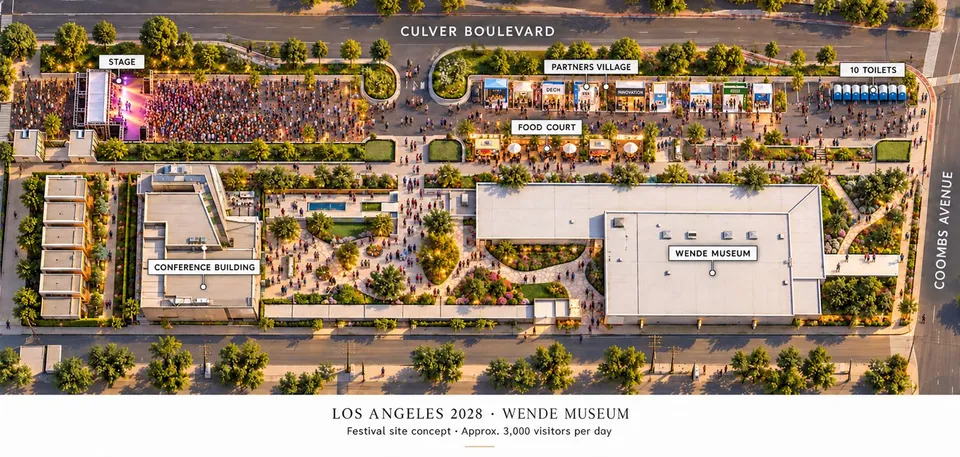 Illustrative site plan showing the stage, partners village, food court, conference building and Wende Museum